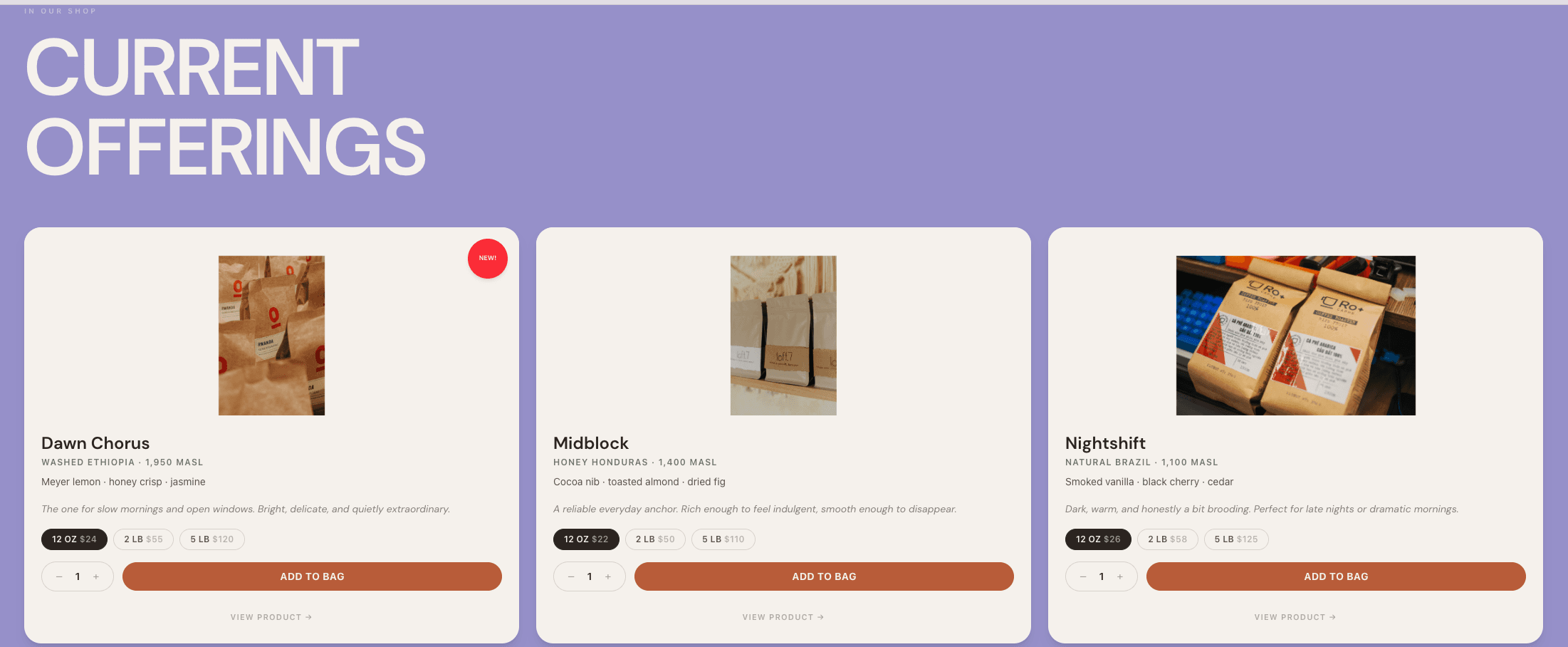 Coffee shop landing page — shop and products section