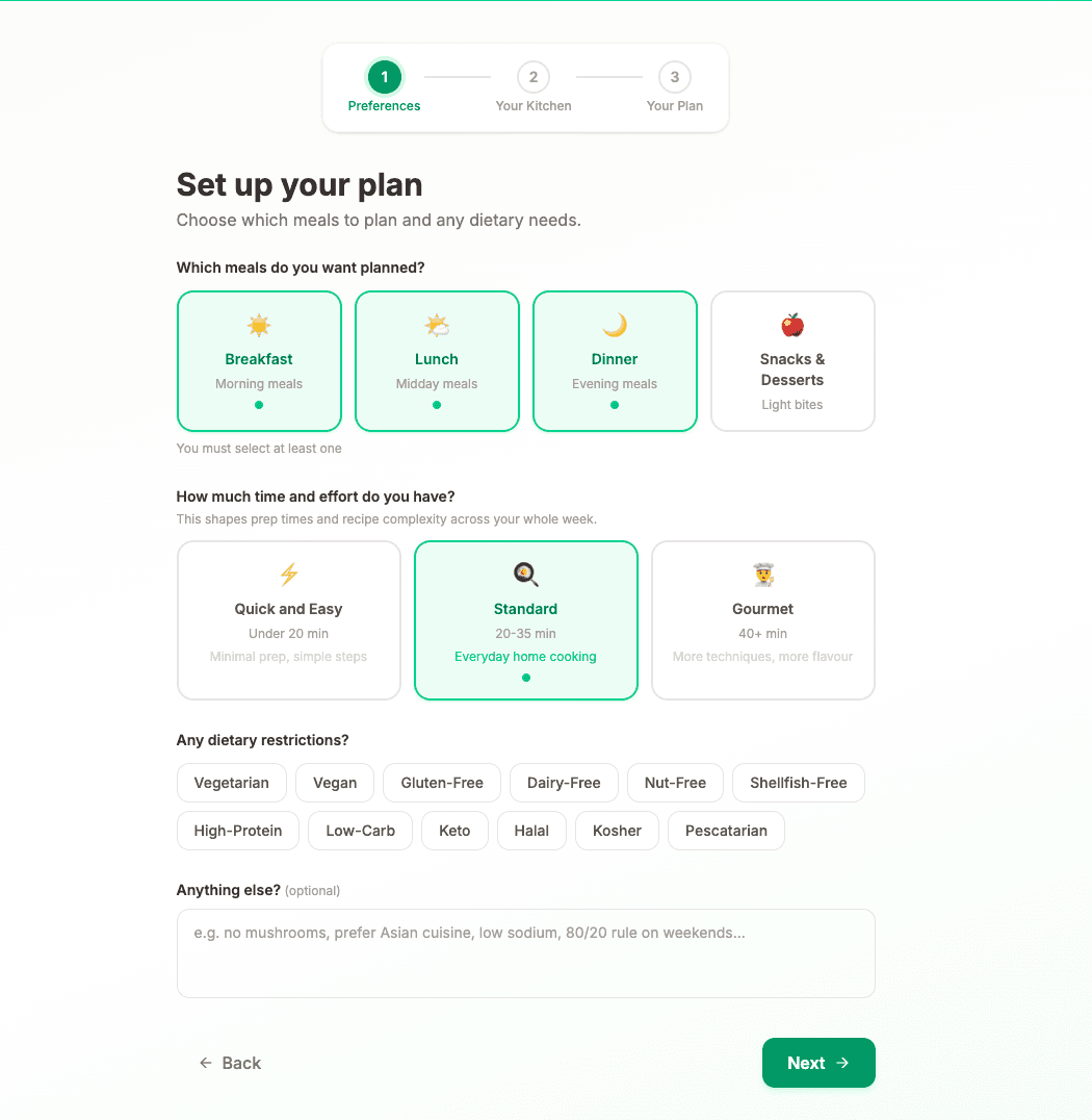 MealMind — plan setup step showing meal type selection, prep time preference, and dietary restrictions